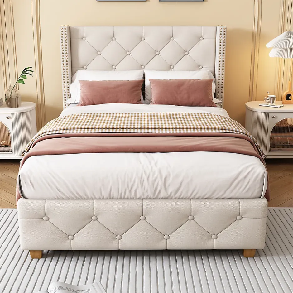 Redom Lit 90x200 cm tapissé lin beige avec tête de lit capitonnée, clous décoratifs et pieds en bois renforcés Best