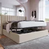 Redom Lit 140x200 cm tapissé lin beige avec rangement hydraulique, tête de lit matelassée à rayures verticales