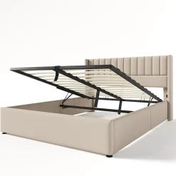 Redom Lit 140x200 cm tapissé lin beige avec rangement hydraulique, tête de lit matelassée à rayures verticales