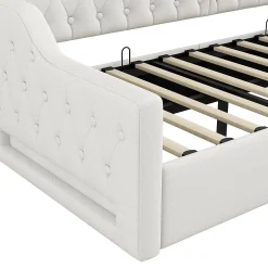 Redom Lit 90x200 cm tapissé lin beige avec rangement sous-lit et bande LED 7 couleurs, cadre bois moderne, 12 lattes Hot