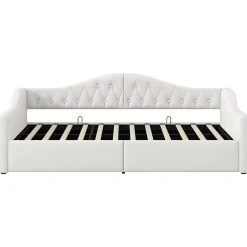 Redom Lit 90x200 cm tapissé lin beige avec rangement sous-lit et bande LED 7 couleurs, cadre bois moderne, 12 lattes Hot