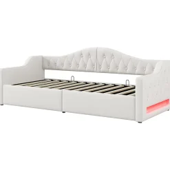 Redom Lit 90x200 cm tapissé lin beige avec rangement sous-lit et bande LED 7 couleurs, cadre bois moderne, 12 lattes Hot