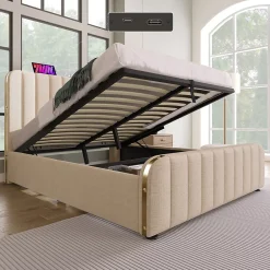 Redom Lit 140x200 cm tapissé lin beige, design contemporain, avec rangement hydraulique et tête de lit intégrée Sale