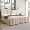 Redom Lit 140x200 cm, tapissé lin beige avec tête de lit décor métal doré, rangement hydraulique et port USB-C