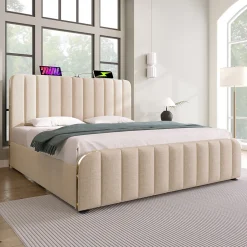 Redom Lit 140x200 cm, tapissé lin beige avec tête de lit décor métal doré, rangement hydraulique et port USB-C