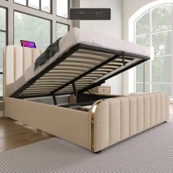 Redom Lit 140x200 cm, tapissé lin beige avec tête de lit décor métal doré, rangement hydraulique et port USB-C