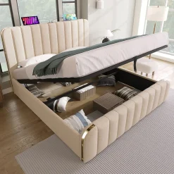 Redom Lit 140x200 cm, tapissé lin beige avec tête de lit décor métal doré, rangement hydraulique et port USB-C