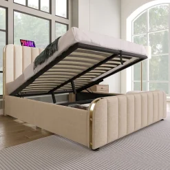 Redom Lit 140x200 cm, tapissé lin beige avec tête de lit décor métal doré, rangement hydraulique et port USB-C