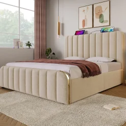Redom Lit 140x200 cm, tapissé lin beige avec tête de lit décor métal doré, rangement hydraulique et port USB-C