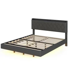Redom Lit 160x200 cm tapissé lin gris avec LED multicolore sous cadre, prise USB intégrée et coffre de rangement Hot