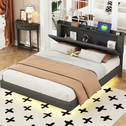 Redom Lit 160x200 cm tapissé lin gris avec LED multicolore sous cadre, prise USB intégrée et coffre de rangement Hot