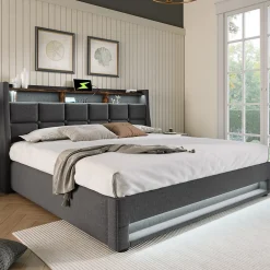Redom Lit 140x200 cm tapissé lin gris avec éclairage LED et port USB, style vintage moderne, cadre bois-métal