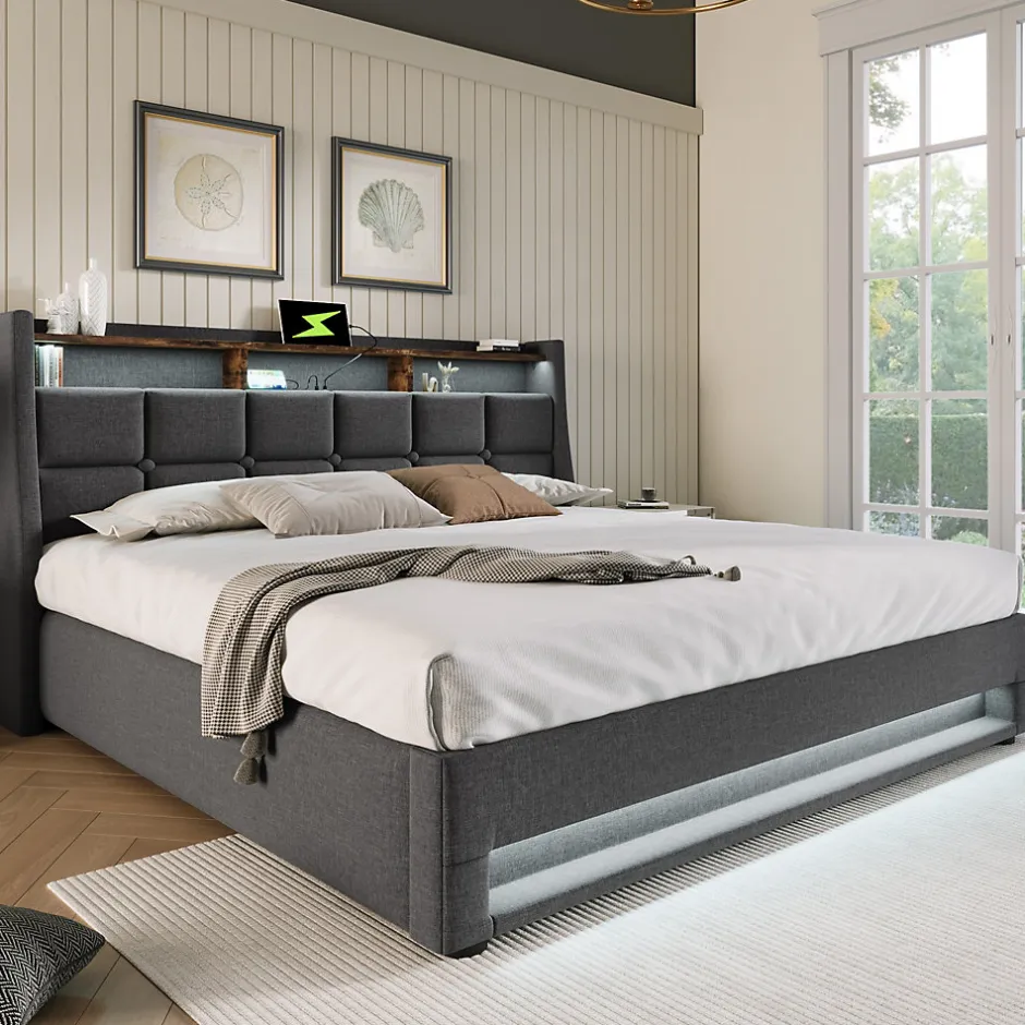 Redom Lit 140x200 cm tapissé lin gris avec éclairage LED et port USB, style vintage moderne, cadre bois-métal