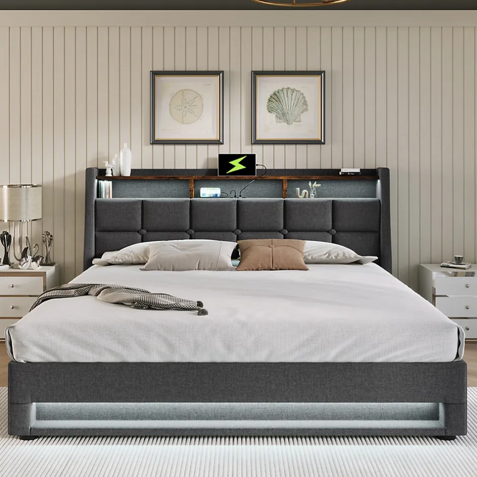 Redom Lit 140x200 cm tapissé lin gris avec éclairage LED et port USB, style vintage moderne, cadre bois-métal