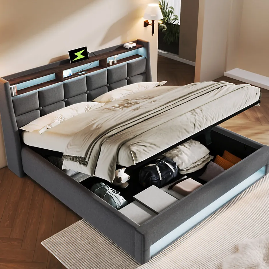 Redom Lit 140x200 cm tapissé lin gris avec éclairage LED et port USB, style vintage moderne, cadre bois-métal