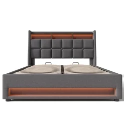 Redom Lit 140x200 cm tapissé lin gris avec éclairage LED et port USB, style vintage moderne, cadre bois-métal