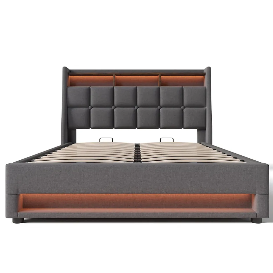 Redom Lit 140x200 cm tapissé lin gris avec éclairage LED et port USB, style vintage moderne, cadre bois-métal