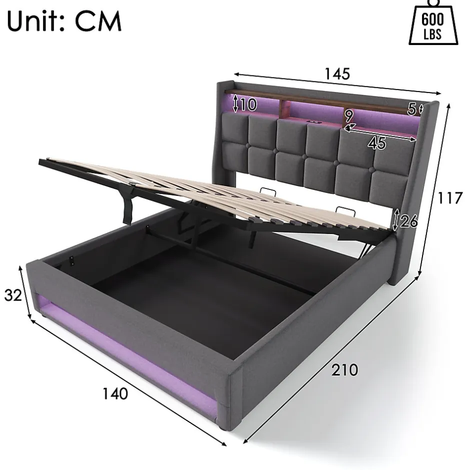 Redom Lit 140x200 cm tapissé lin gris avec éclairage LED et port USB, style vintage moderne, cadre bois-métal