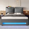 Redom Lit 160x200 cm tapissé lin gris avec tête de lit étagère, éclairage LED intégré et rangement hydraulique