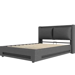 Redom Lit 160x200 cm tapissé lin gris avec tête de lit étagère, éclairage LED intégré et rangement hydraulique