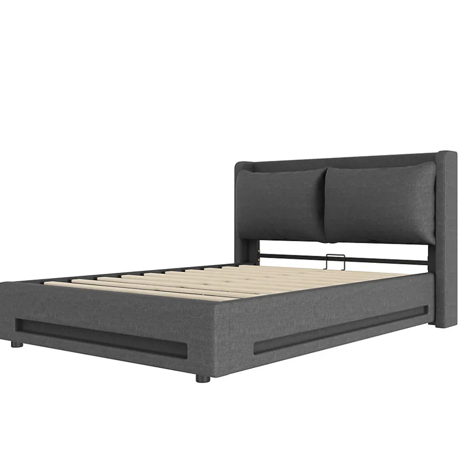 Redom Lit 160x200 cm tapissé lin gris avec tête de lit étagère, éclairage LED intégré et rangement hydraulique