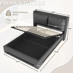 Redom Lit 160x200 cm tapissé lin gris avec tête de lit étagère, éclairage LED intégré et rangement hydraulique