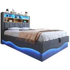 Redom Lit 140x200 cm tapissé lin gris avec rangement hydraulique, bande LED pilotable via application et port USB Clearance