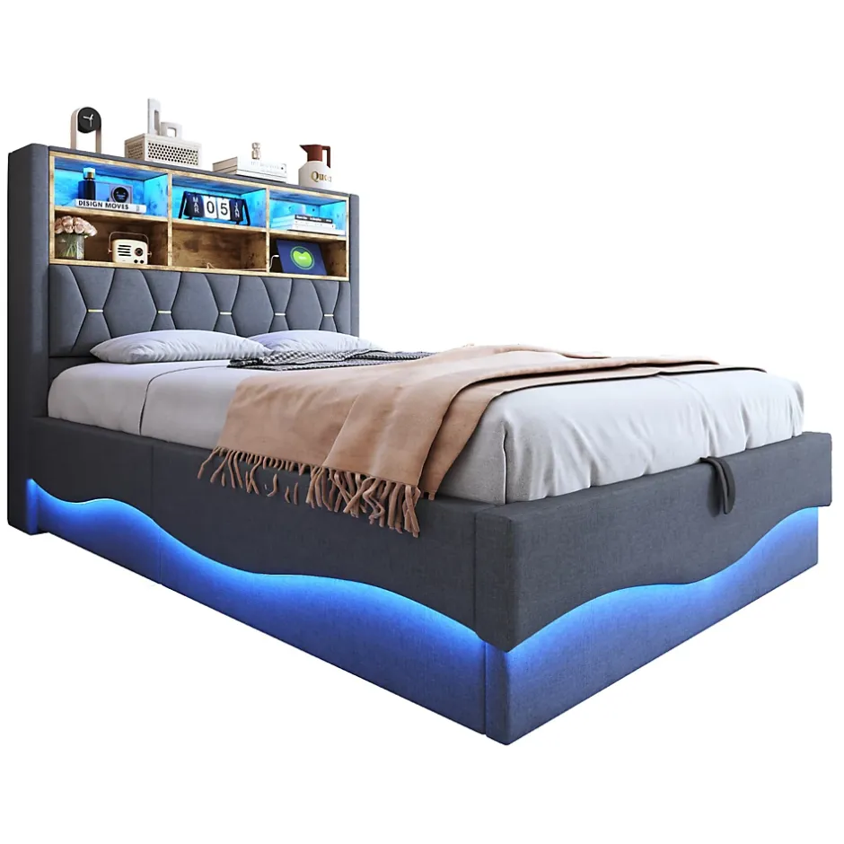 Redom Lit 140x200 cm tapissé lin gris avec rangement hydraulique, bande LED pilotable via application et port USB Clearance