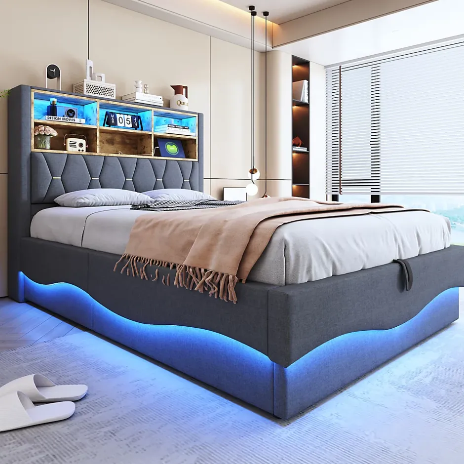 Redom Lit 140x200 cm tapissé lin gris avec rangement hydraulique, bande LED pilotable via application et port USB Clearance