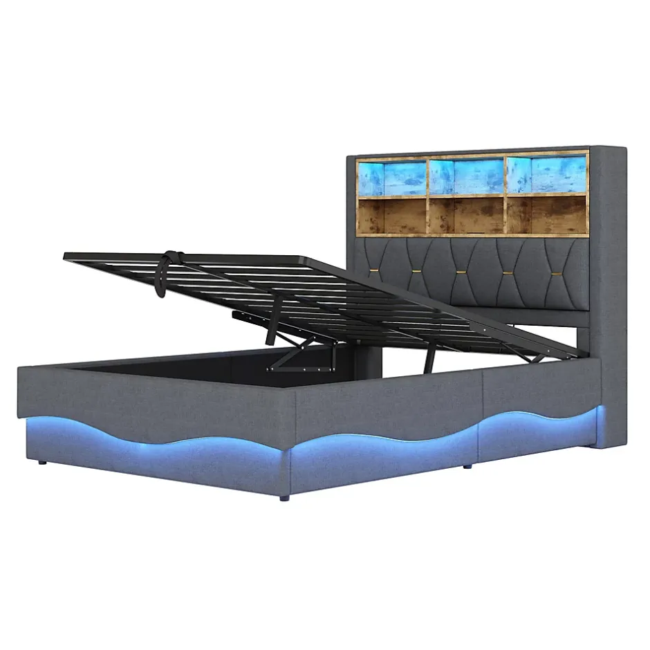 Redom Lit 140x200 cm tapissé lin gris avec rangement hydraulique, bande LED pilotable via application et port USB Clearance