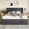 Redom Lit 160x200 cm tapissé lin gris avec rangement hydraulique, tête de lit 3 panneaux rembourrée, cadre renforcé