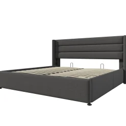Redom Lit 160x200 cm tapissé lin gris avec rangement hydraulique, tête de lit 3 panneaux rembourrée, cadre renforcé