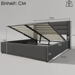 Redom Lit 160x200 cm tapissé lin gris avec rangement hydraulique, tête de lit 3 panneaux rembourrée, cadre renforcé