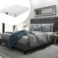 Redom Lit 140x200 cm tapissé lin gris avec tête de lit rembourrée haute et matelas à ressorts 140x200 cm inclus New