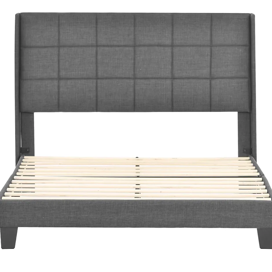Redom Lit 140x200 cm tapissé lin gris avec tête de lit rembourrée haute et matelas à ressorts 140x200 cm inclus New