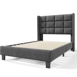 Redom Lit 90x200 cm tapissé lin gris avec tête de lit haute et pieds noirs, design moderne élégant Best