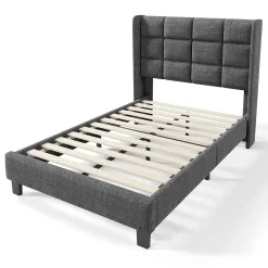 Redom Lit 90x200 cm tapissé lin gris avec tête de lit haute et pieds noirs, design moderne élégant Best