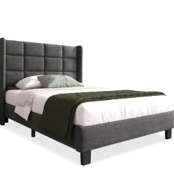 Redom Lit 90x200 cm tapissé lin gris avec tête de lit haute et pieds noirs, design moderne élégant Best