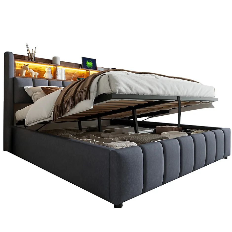 Redom Lit 180x200 cm tapissé lin gris avec tête de lit LED multicolore, rangement hydraulique et prises USB