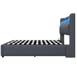Redom Lit 180x200 cm tapissé lin gris avec tête de lit LED multicolore, rangement hydraulique et prises USB