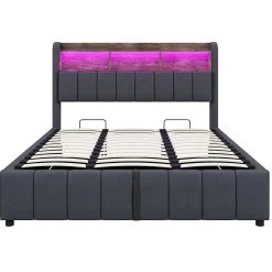 Redom Lit 180x200 cm tapissé lin gris avec tête de lit LED multicolore, rangement hydraulique et prises USB