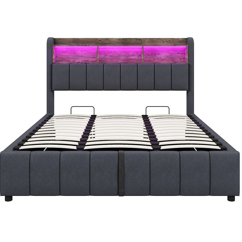 Redom Lit 180x200 cm tapissé lin gris avec tête de lit LED multicolore, rangement hydraulique et prises USB
