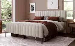 Redom Lit 180x200 cm tapissé lin gris-beige, tête réglable 16-22 cm, compatible avec sommier coffre, cadre métal Best