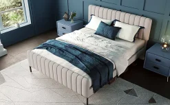 Redom Lit 180x200 cm tapissé lin gris-beige, tête réglable 16-22 cm, compatible avec sommier coffre, cadre métal Best