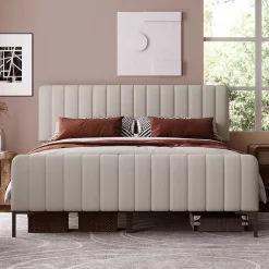 Redom Lit 180x200 cm tapissé lin gris-beige, tête réglable 16-22 cm, compatible avec sommier coffre, cadre métal Best