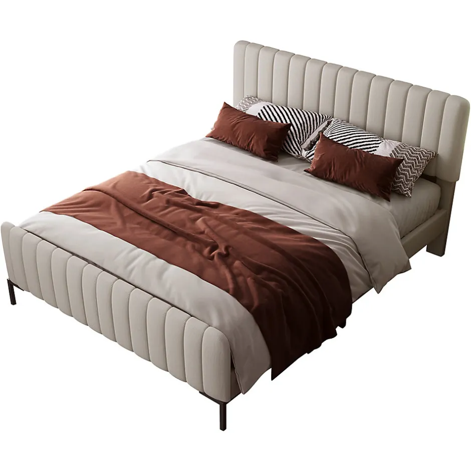 Redom Lit 140x200 cm tapissé lin gris-beige avec sommier à lattes et tête de lit réglable