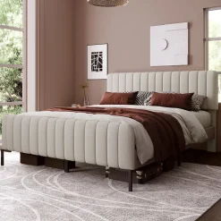 Redom Lit 140x200 cm tapissé lin gris-beige avec sommier à lattes et tête de lit réglable