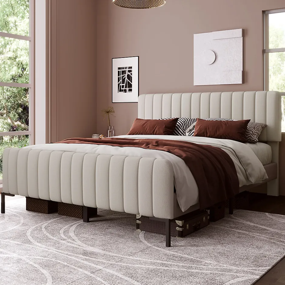 Redom Lit 140x200 cm tapissé lin gris-beige avec sommier à lattes et tête de lit réglable