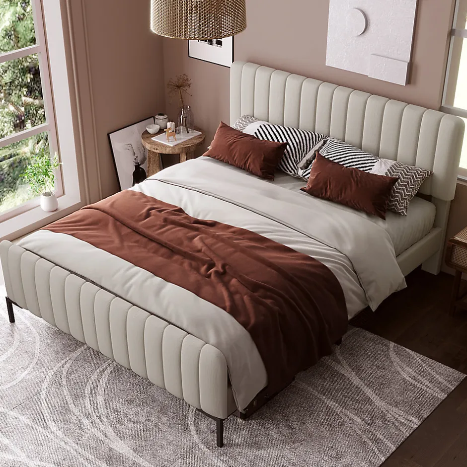 Redom Lit 140x200 cm tapissé lin gris-beige avec sommier à lattes et tête de lit réglable