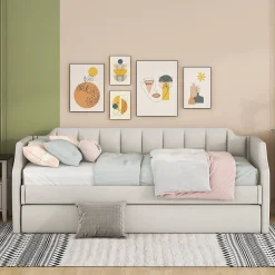 Redom Lit 90x200 cm tapissé lin-coton beige avec sommier gigogne à roulettes, design moderne et élégant
